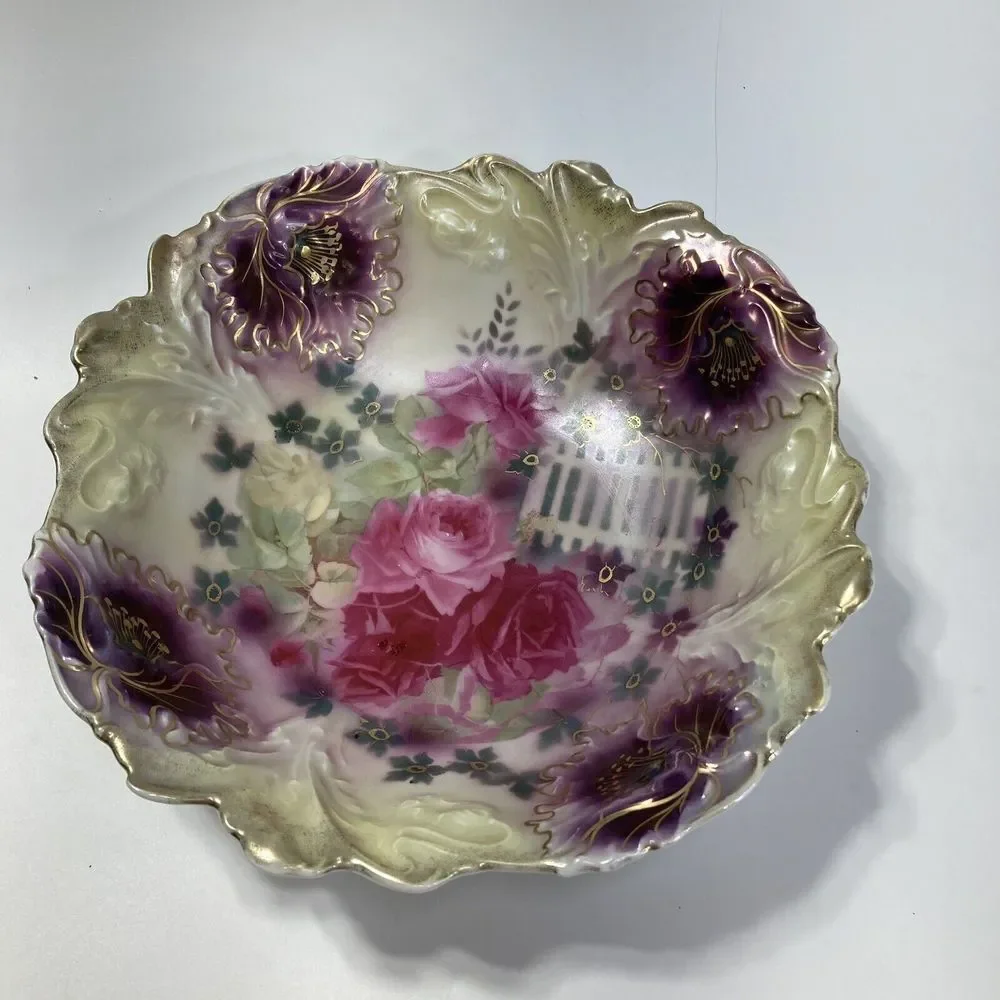 Antique‎ 10.5” Bowl A F S P Roses Scalloped Center Bowl Gold Pink Green Purple